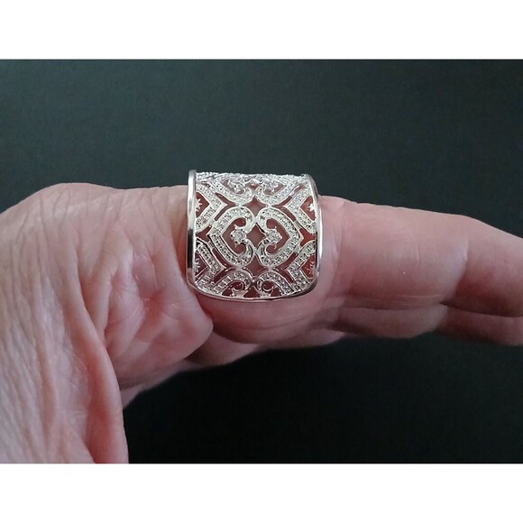 925 Sterling Silver Tall Cuff Style Cigar Band Heart Ring Open Filigree Boho - Picture 10 of 10